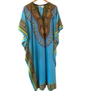 Vintage Sante Classics Kaftan Maxi One Size Blue Oversized Boho Colorful Hippie